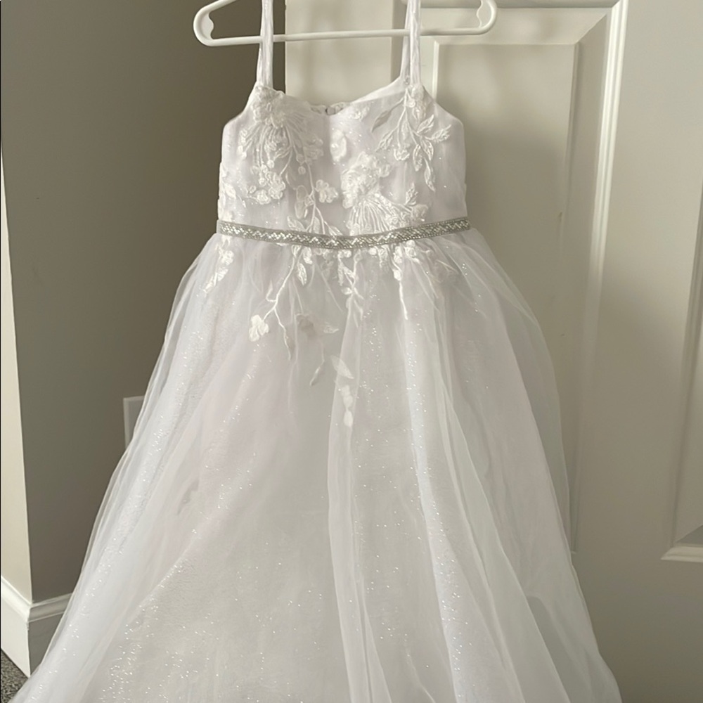 David's Bridal DB Studio White Sparkle Tulle Flower Girl Dress